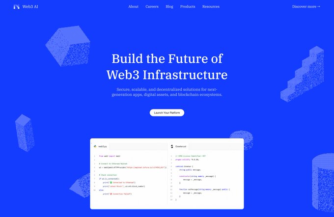 A blue-themed website landing page for 'Web3 AI' with the headline 'Build the Future of Web3 Infrastructure' and a 'Launch Your Platform' button above a code snippet comparing Web3 and ChainGuard blocks.