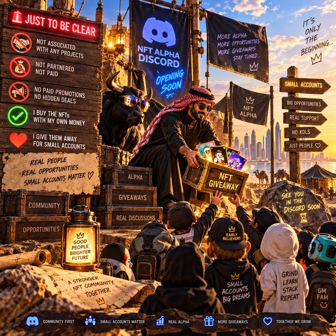 A promotional illustration for an "NFT ALPHA DISCORD" featuring a central figure in Arab-style headwear handing out NFT collectibles from a treasure chest to a crowd, surrounded by signs emphasizing community focus such as "SMALL ACCOUNTS," "REAL PEOPLE," and "NO KOLS."