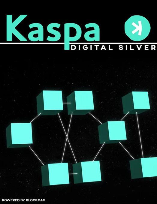 A promotional graphic for Kaspa 'Digital Silver' cryptocurrency featuring an interconnected block network design on a dark background.