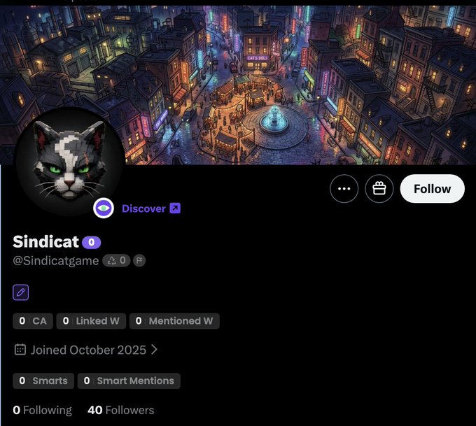 The image shows a Twitter/X profile page for "Sindicat" (@Sindicatgame), featuring a pixel-art cat avatar with green eyes and a banner depicting a vibrant cyberpunk cityscape with a glowing fountain. The account has 40 followers, 0 following, and was joined in October 2025, aligning with the post's promotion of an early find for an upcoming free-mint game involving farming, crafting, trading, and tokenized stocks.