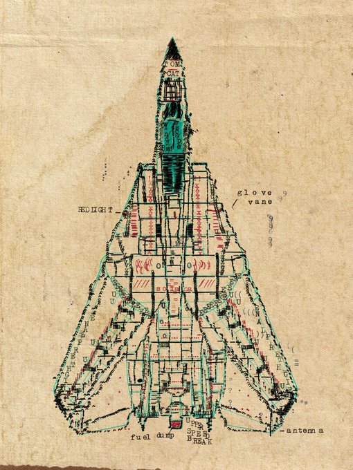 A hand-drawn, schematic illustration of a spacecraft or rocket on aged parchment paper, labeled with parts like "REDLIGHT," "glove vane," "RDX," "fuel dump," and "antenna," with various red and teal markings.