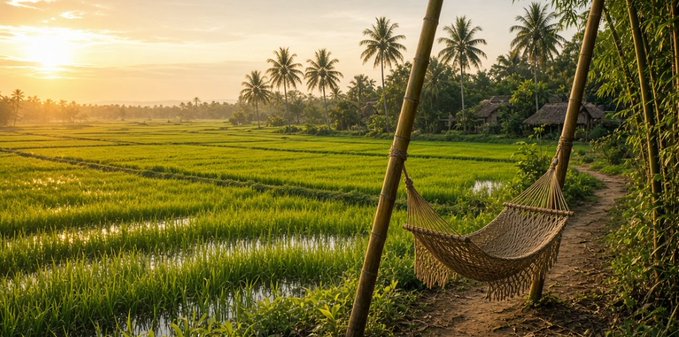 A scenic sunset view of green rice paddies with a woven hammock strung between bamboo poles on a dirt path, palm trees, and thatched-roof huts in the background.