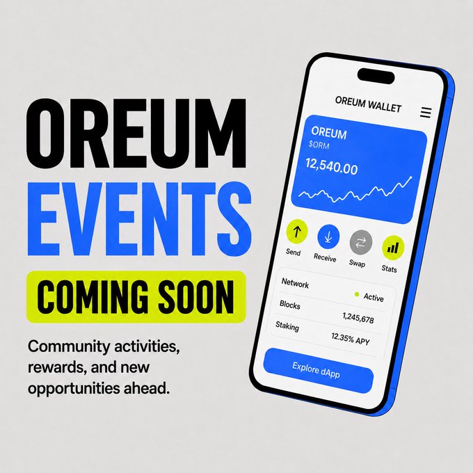 Promotional graphic announcing "OREUM EVENTS — COMING SOON," featuring a smartphone mockup of the OREUM Wallet displaying a $ORM balance of 12,540.00, network status active at block 1,245,678, and 12.35% APY staking, with text noting upcoming community activities, rewards, and new opportunities for ecosystem engagement.