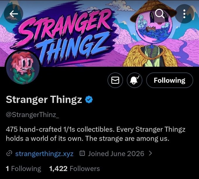 A Twitter profile page for "Stranger Thingz" (@StrangerThinz_) with a "Following" button, a bio reading "475 hand-crafted 1/1s collectibles... The strange are among us," and a website link to strangerthingz.xyz.