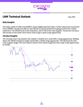 A technical analysis chart titled "LINK Technical Outlook" dated July 27th displays the daily price action of the LINK cryptocurrency, featuring candlestick patterns overlaid with moving averages and a descending trendline. The accompanying text discusses a slightly bearish close at $7.35, highlighting the $8.90 resistance level and $8.20 support level, which correspond to visible horizontal price markers on the chart.