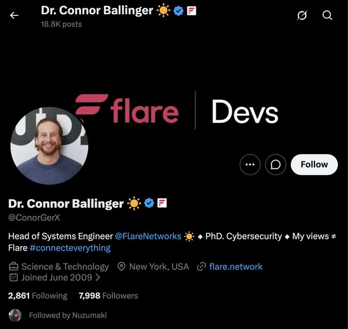 The image features a Twitter profile of a man named Dr.Connor Ballinger, who has been identified as an engineer at Flare Networkworks. The profile includes a photo of him smiling for the camera. The post also contains information about scammers using the @FlareNetworks logo to deceive people into believing they are official organizations. This warning serves as a reminder that not everything on social media is reliable or genuine, and it's essential to verify sources before trusting information found online.