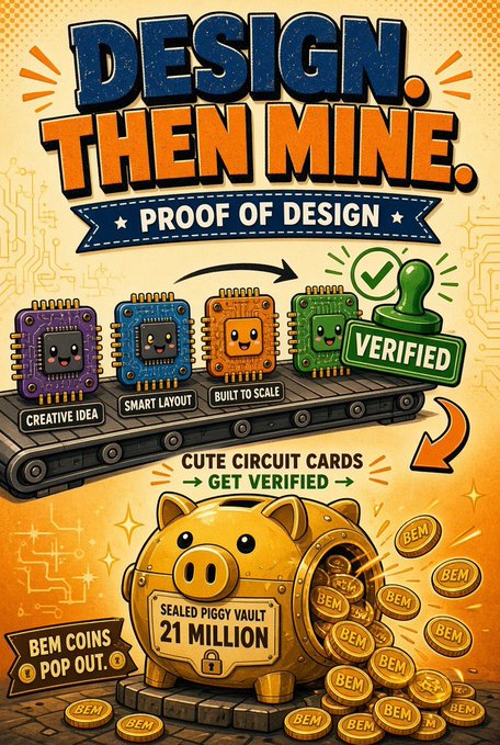 An illustrated poster titled 'DESIGN. THEN MINE. PROOF OF DESIGN' featuring cute anthropomorphic circuit cards on a conveyor belt leading to a piggy bank vault labeled 'SEALED PIGGY VAULT 21 MILLION' with BEM coins popping out.