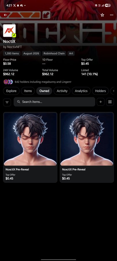 A mobile screenshot of an NFT marketplace displaying the 'NoctiX' collection by NoctixNFT on the Robinhood Chain, showing items titled 'NoctiX Pre-Reveal' with a floor price of $0.58.