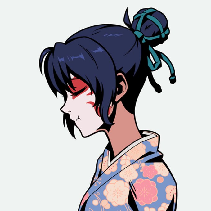 A digital illustration of a girl with dark blue hair in a floral kimono, shown in profile with her eyes closed against a light gray background.