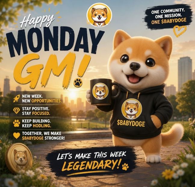 A cheerful 'Happy Monday GM!' promotional graphic featuring an animated Shiba Inu mascot wearing a $BABYDOGE hoodie and holding a branded coffee mug, with motivational text including 'New Week. New Opportunities.', 'Stay Positive. Stay Focused.', 'Keep Building. Keep Hodling.', 'One Community. One Mission. One $BABYDOGE', and 'Let's Make This Week Legendary!'.