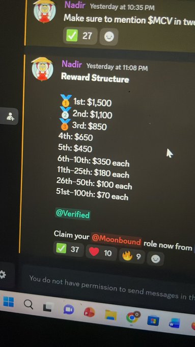 A Discord screenshot showing user 'Nadir' posting a reward structure for $MCV with prizes ranging from $1,500 for 1st place down to $70 for 51st-100th place, along with a pinned message asking to mention $MCV.