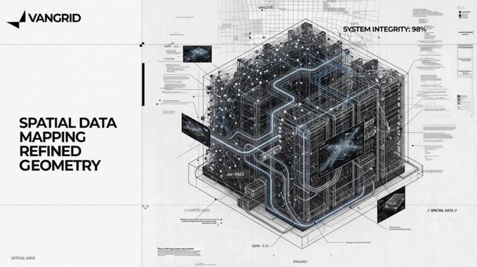 A technical blueprint-style graphic labeled 'VANGRID' displays the text 'SPATIAL DATA MAPPING REFINED GEOMETRY' alongside an isometric architectural diagram with 'SYSTEM INTEGRITY: 98%' notation.