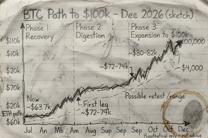 A hand-drawn chart titled 'BTC Path to $100k - Dec 2026 (sketch)' showing three phases (Recovery, Digestion, Expansion to $100k) with price targets around $72-74k, $80-82k, and $100k, marked 'Hypothetical only - not advice'.