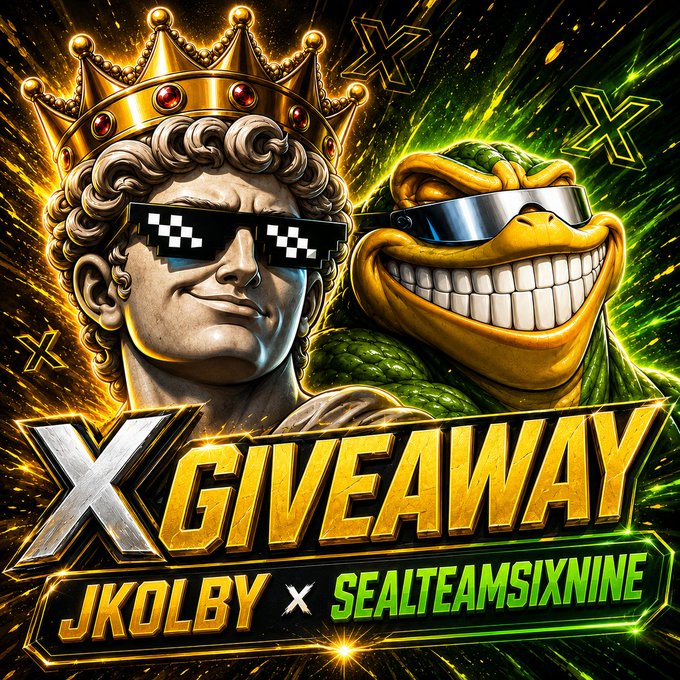 A promotional graphic for an 'X GIVEAWAY' collaboration between Jkolby and SealTeamsixNine, featuring a Roman statue with pixel sunglasses and a grinning turtle wearing sunglasses, set against a gold and green background.