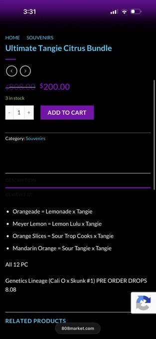 A mobile shopping app screen showing the 'Ultimate Tangle Citrus Bundle' for $200.00 (discounted from $500.00), listing genetics lineage details including Orangeade, Meyer Lemon, Orange Slices, and Mandarin Orange crosses, with the site '808market.com' at the bottom.