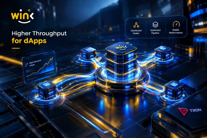 A futuristic tech advertisement for 'wink' promoting 'Higher Throughput for dApps' with glowing server nodes connected by light streams, highlighting features like 'Distributed Nodes', 'Optimized Pipeline', and 'Stable Performance', with a 'TRON' logo visible.