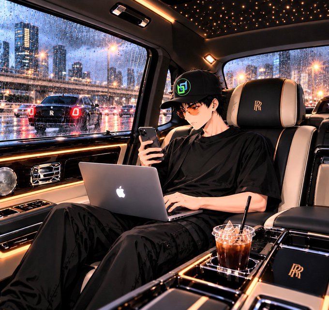 Anime-style illustration of a young man wearing a cap with a green logo, working on a MacBook and phone inside a luxury car (Rolls Royce) at night with a city skyline visible through the rain-streaked window.