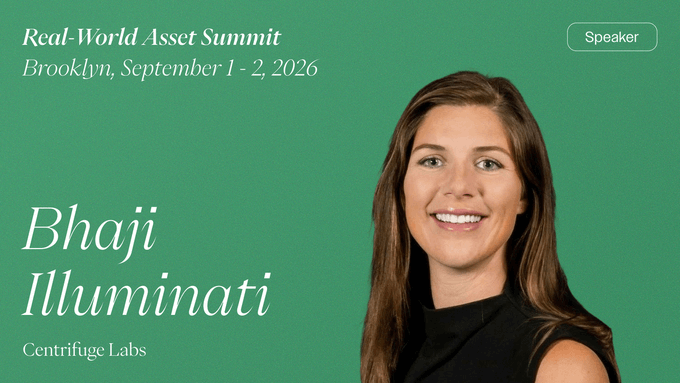 A promotional graphic for the Real-World Asset Summit in Brooklyn (September 1-2, 2026), featuring speaker Bhaji Illuminati of Centrifuge Labs against a green background, with the post announcing her role discussing how Centrifuge bridges DeFi and TradFi in tokenization.