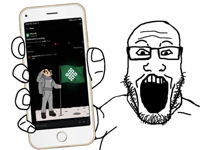 A hand-drawn illustration of a screaming bearded man wearing glasses, holding a phone displaying a Twitter/X post from user @btiful with the text 'Settlement is coming' and an animated character on the moon holding a flag.