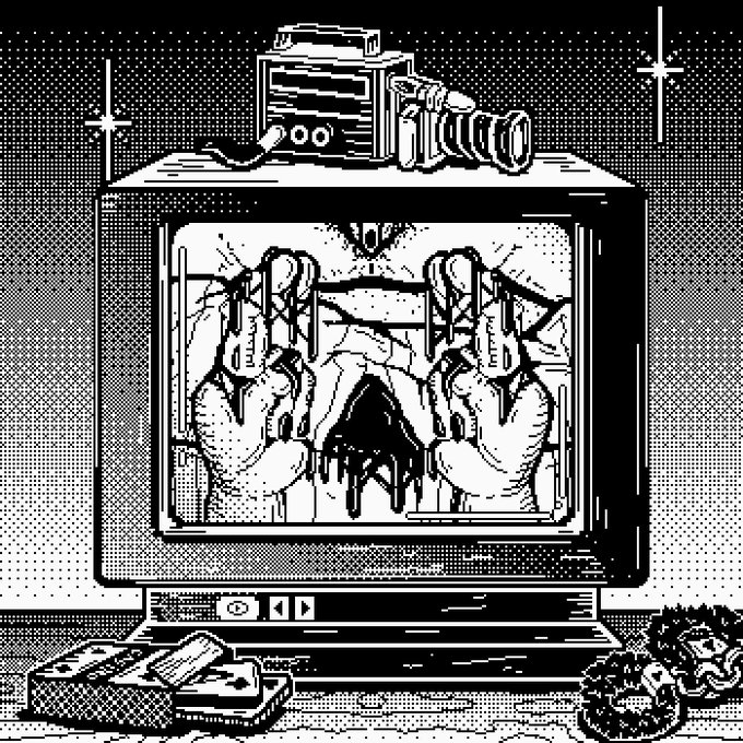 A black and white pixel art image depicting a retro television set with a camera on top, showing hands bound by shackles on the screen, with donuts and cassettes at the base.