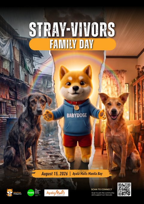 Promotional poster for "Stray-Vivors Family Day" on August 15, 2026 at Ayala Malls Manila Bay, featuring the BabyDoge mascot in the center flanked by two dogs, with one side depicting a dilapidated shanty setting and the other a warm home—visually tying into the post's message about the Philippines being a resilient, early crypto-adopting community that bridges struggle and hope through Baby Doge's support.