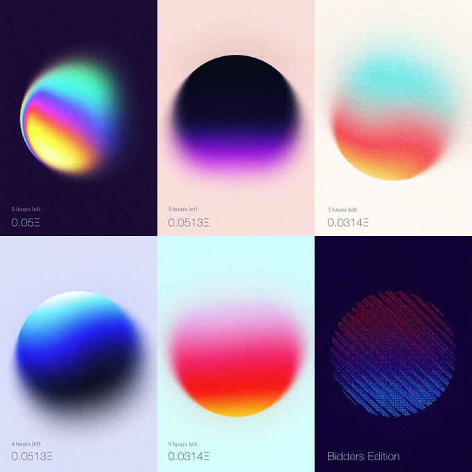 A grid of six colorful, gradient-filled circular NFT artworks with countdown timers indicating "3 hours left" (0.05Ξ, 0.0513Ξ, 0.0314Ξ), "4 hours left" (0.0513Ξ), and "9 hours left" (0.0314Ξ), plus a "Bidders Edition" piece in red and blue stripes, promoting the upcoming auction close for the "Full Circle" collection at nucleo0x.art/fullcircle.