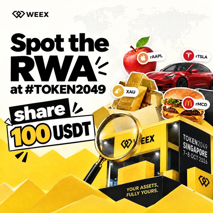 A promotional WEEX advertisement for the "Spot the RWA at #TOKEN2049" contest in Singapore (7-8 Oct 2026), featuring a treasure box filled with an apple (#AAPL), a Tesla car (#TSLA), gold bars (#XAU), and a McDonald's burger (#MCD), with bold text offering "Share 100 USDT" to 10 winners and the tagline "Your assets, fully yours."