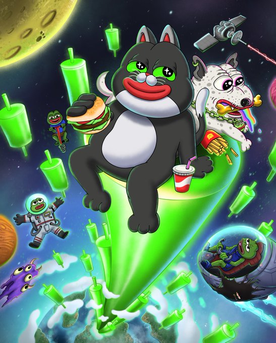 A vibrant digital illustration of an anthropomorphic black cat riding a green rocket through space, surrounded by floating green slushy cups, a burger, fries, a soda, and other characters against a cosmic backdrop.