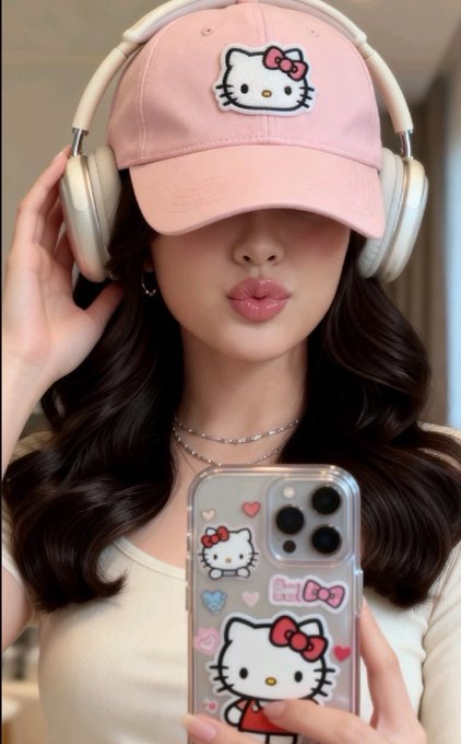 A woman wearing a pink Hello Kitty cap and over-ear headphones poses for a selfie, holding a phone case decorated with Hello Kitty and 'Girl' graphics.