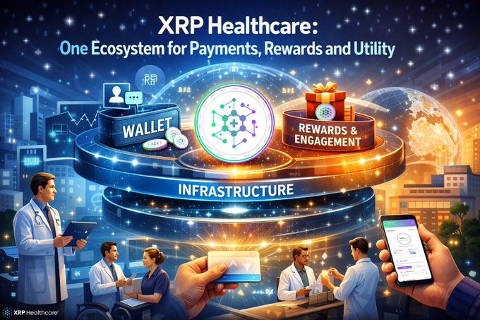 A futuristic digital graphic illustrates the XRPH Healthcare ecosystem, featuring a glowing three-tiered platform with "Wallet," "Rewards & Engagement," and "Infrastructure" orbiting a central medical network icon, while healthcare professionals and users interact with mobile apps against a city skyline—visually echoing the post's message of a unified system where $XRPHAI drives rewards, $XRPH powers infrastructure, and the XRPH Wallet ties the layers together.