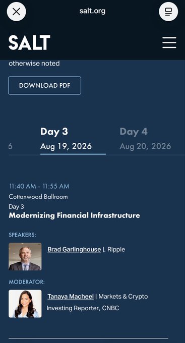 A screenshot from salt.org shows a 'Modernizing Financial Infrastructure' event on Day 3, Aug 19, 2026, with speaker Brad Garlinghouse (Ripple) and moderator Tanaya Macheel (Markets & Crypto, CNBC).