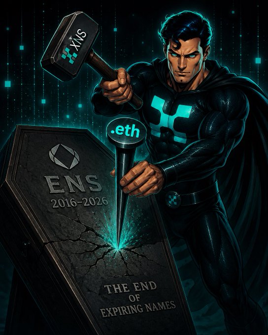 A muscular superhero figure swings a hammer bearing the ".eth" logo to smash through a tombstone engraved with "ENS 2016-2026" and "THE END OF EXPIRING NAMES," symbolizing the end of ENS domain registration fees. The dramatic digital art reinforces the post's sentiment by visually celebrating the end of ENS's controlled name market and embracing an open, user-driven legitimacy for .eth.