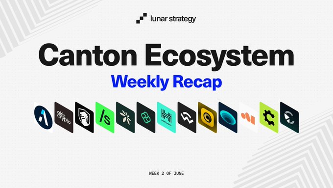 The image shows a poster for a website called "Canton Ecosystem Weekly Recap". The poster features a grid of twelve icons, each representing a different type of cryptocurrency or blockchain technology. These icons are arranged in two rows with four icons per row. The text on the poster reads "Weekly Recap" and provides information about the content of the post.
