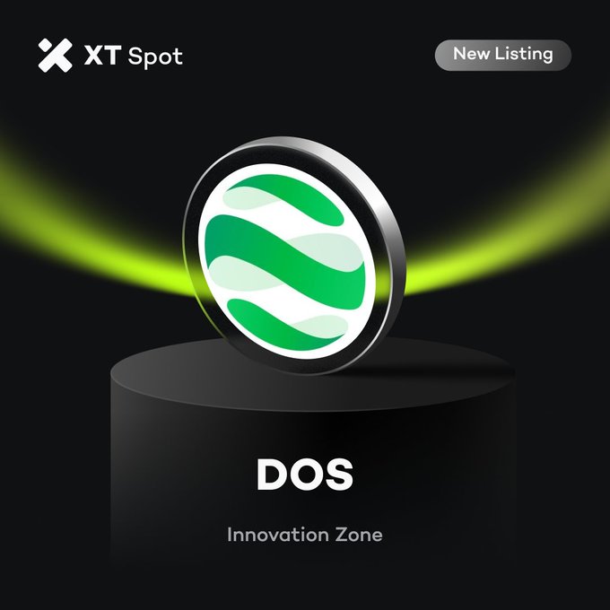 A cryptocurrency listing graphic for 'XT Spot' featuring a green coin labeled 'DOS' on a black pedestal with the text 'Innovation Zone' and 'New Listing'.