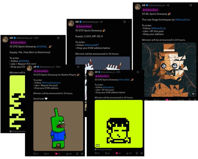 A collage of X (Twitter) giveaways hosted by @tenacious_ar for Subscribers, featuring digital artworks from NFT projects including 20 WL Spots for The Late Stage Archetypes by @WizardX_0x, 30 GTD for Hoodbits by @Hoodbits_, 10 GTD for Market Players by @0xmarketplayers, 10 GTD for ShinkaNFT by @ShinkaNFT, and 10 GTD for @h00dle_ on Robinhood.