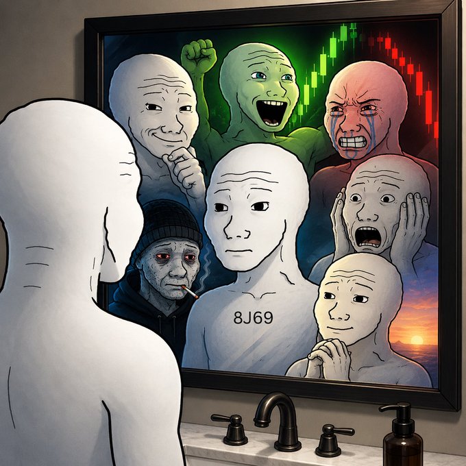 A faceless figure stands before a bathroom mirror reflecting a crowd of expressive meme-style characters—including a green victorious figure, a crying red-faced figure, a shocked figure with hands on cheeks, and a stoic central figure marked "8J69"—visually representing the diverse emotional personas ("ape," "cope," "diamond hands") that make up crypto trading culture.