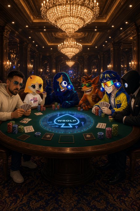 Six characters, including a real man in sunglasses and various animated mascots wearing headphones, sit around a poker table in an ornate room with chandeliers. The table displays 'WSOLP' in the center.