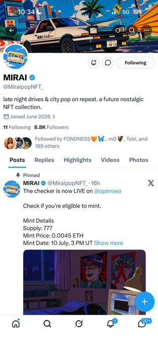 Twitter/X profile page for 'MIRAI' (@MiraiPopNFT) describing 'late night drives & city pop on repeat. a future nostalgic NFT collection,' with a pinned tweet announcing a mint checker is live on OpenSea.
