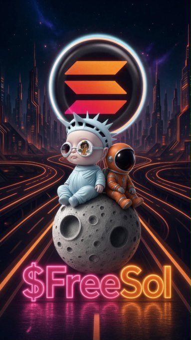 A vibrant digital artwork features a stylized baby in a Statue-of-Liberty's-crown-style spiked hat sitting next to an astronaut on the moon, with a neon Solana logo and '$FreeSol' written below.