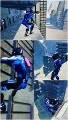 A comic book style collage showing panels of a character in blue and black attire performing dynamic poses against a city skyline.