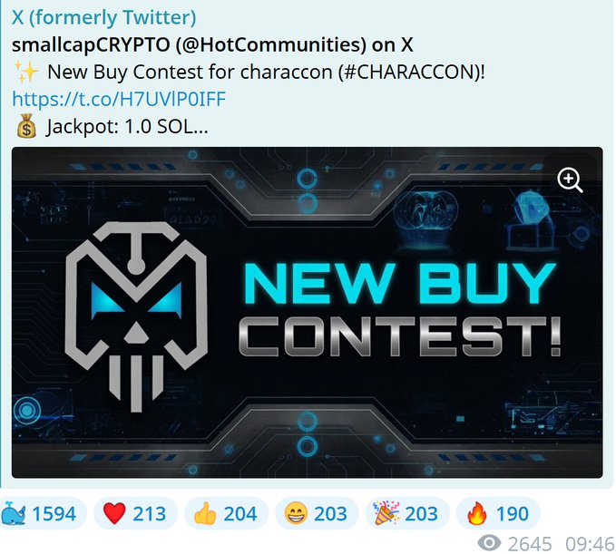 A promotional graphic announcing a "NEW BUY CONTEST!" for the $characcon (#CHARACCON) token with a 1.0 SOL jackpot, posted by @HotCommunities on X. The image features a stylized silver skull logo with glowing blue eyes set against a dark, tech-inspired circuit board background.
