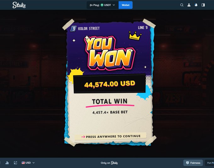 The image displays a Stake online casino win screen from the "Kolor Street" game, showing a total win of 44,574.00 USD (4,457.4× base bet), matching the post's claim of a $44,000 win. The caption effectively celebrates a recent gambling win and encourages engagement by inviting users to share their own Stake IDs and join the user's streaming content.