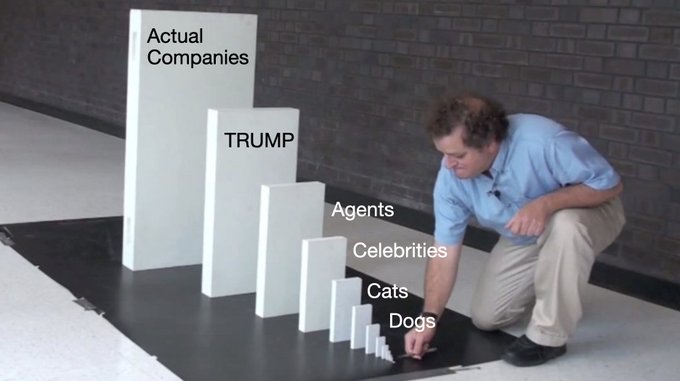 A satirical bar chart meme showing "Actual Companies" as the largest bar, followed in decreasing size by "TRUMP," "Agents," "Celebrities," "Cats," and "Dogs," referencing Jeremy Clarkson arranging boxes.