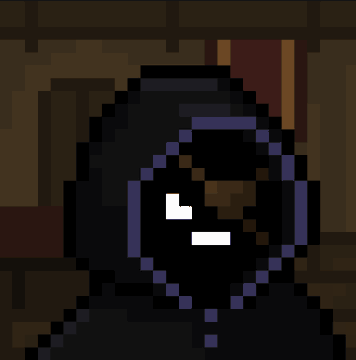 A pixel art image of a dark, hooded figure with a hood, featuring a face with glowing white eyes/mouth, set against a brick wall background with red and orange tones.