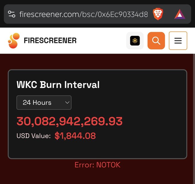 FireScreener webpage displaying a WKC Burn Interval of 30,082,942,269.93 (~$1,844.08) with an 'Error: NOTOK' message.