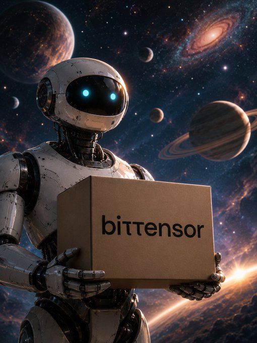 A humanoid robot with glowing blue eyes stands against a cosmic backdrop of planets and galaxies, holding a cardboard box labeled "bittensor," symbolizing the delivery or emergence of the Bittensor (TAO) ecosystem as it grows with nearly 130 subnets and increasing institutional investment interest.
