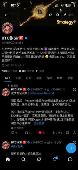 The image shows a social media post with three different Twitter feeds displayed side-by-side against a black background. The first feed has a large number of followers (8000), while the second feed has only 100 followers, and the third feed has 1000 followers. The post is sponsored by Pepecoin, as indicated by the text "@PepecoinNetwork community volunteer @Qiqi3971 Investing involves risks, please do your own research!".