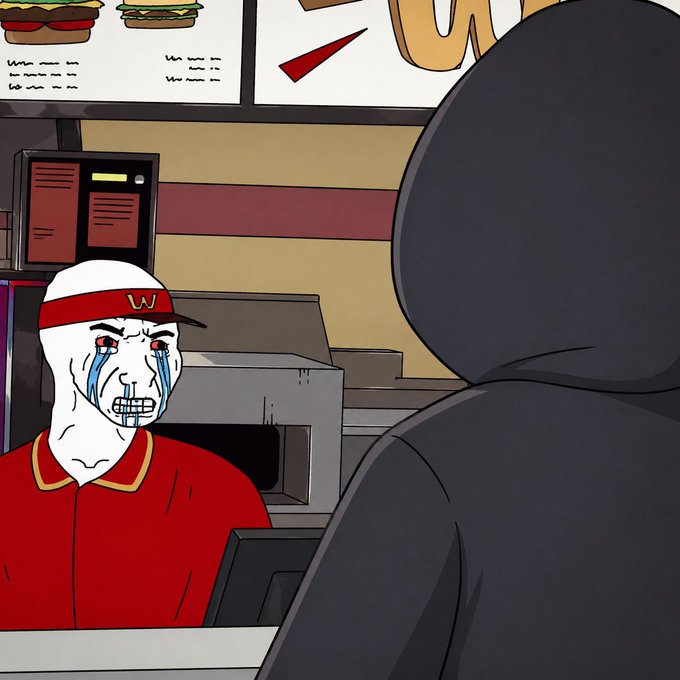 The image shows a Wojak character wearing a Wendy's fast-food uniform, crying with tears streaming down his face while standing behind the counter, facing a shadowy hooded figure who appears to be a customer.

This "Wojak working a fast-food job crying" meme pairs with the post by humorously illustrating the consequence of trading memecoins without a disciplined exit strategy—you end up as the "Wendy's Wojak," broke and crying behind a counter while serving others, reinforcing the caption's warning to manage risk.
