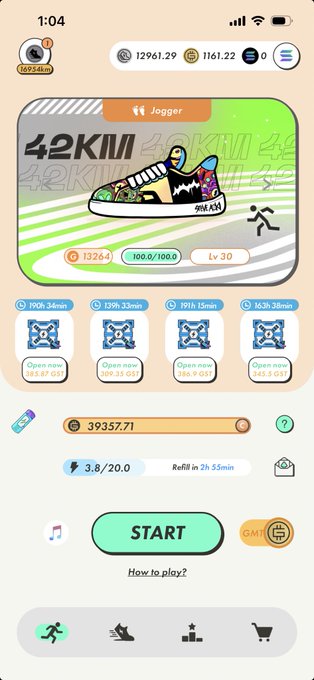 Game-style fitness app showing a 'Jogger' sneaker at Level 30, 42KMI, 100.0/100.0 energy, and a START button.