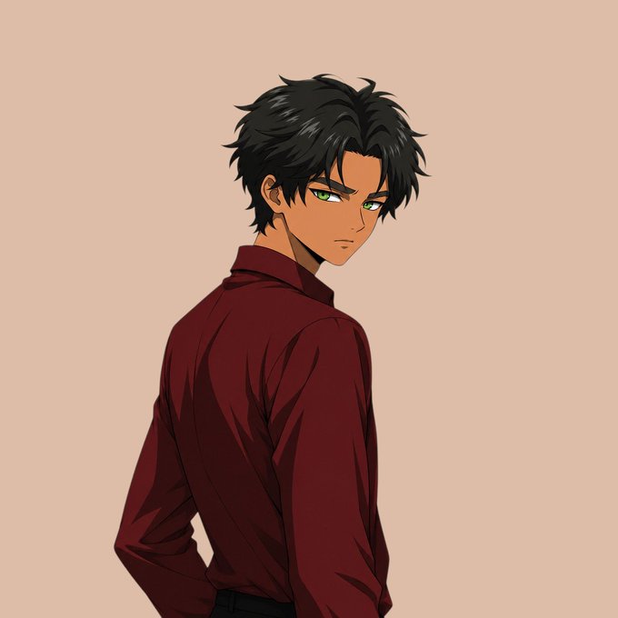 A digital illustration of an anime-style character with messy black hair, green eyes, and tan skin, wearing a dark red shirt, looking over their shoulder against a peach-colored background.